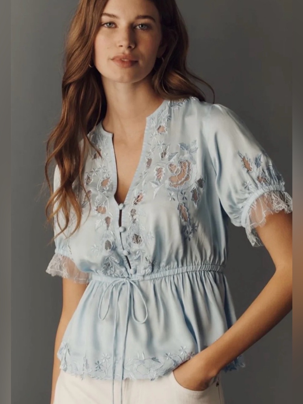 Anthropologie Light Blue Embroidered Lace-Trim Peplum Blouse